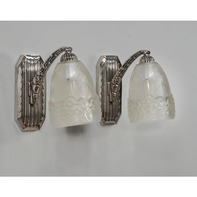 Metal French Art Deco Wall Sconces by Hettier & Vincent 1930 France - A Pair For Sale - Image 7 of 13