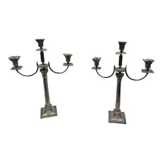 Antique Silverplate Candelabra Pair 3 Light Corinthian Column 22” Tall Ornate For Sale