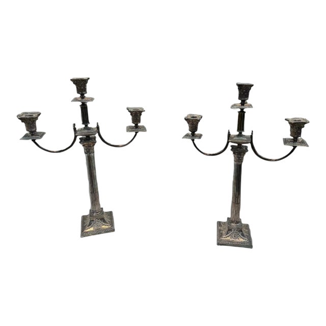 Antique Silverplate Candelabra Pair 3 Light Corinthian Column 22” Tall Ornate For Sale