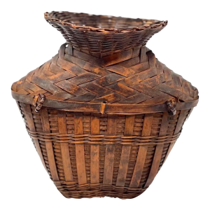 Mid 20th Century Asian Bamboo Woven Gathering Basket