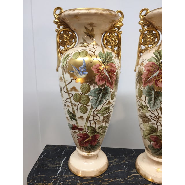 Late 19th Century Pair of Large Apposing Royal Bonn Handled Vases in Floral and Bird Motif For Sale - Image 5 of 18