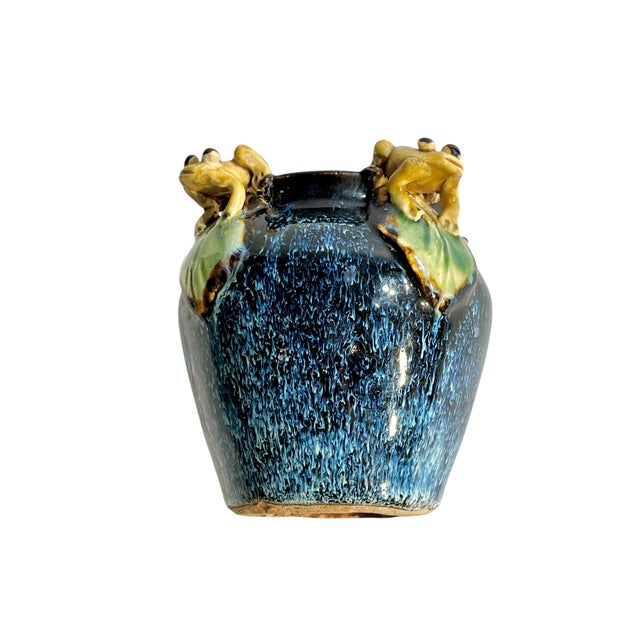 Blue Vintage Italian Majolica Frog-Handle Cachepot Planter | Blue Glazed Pottery Vase, 4” For Sale - Image 8 of 10