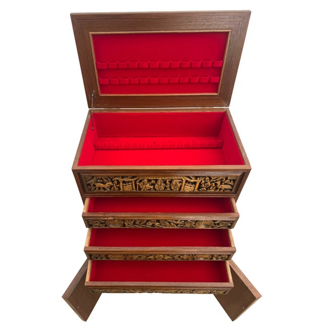 1970s Mid Century Chinese Cabinet, Silverware Storage, Three Drawer's Hand Carved For Sale - Image 9 of 17