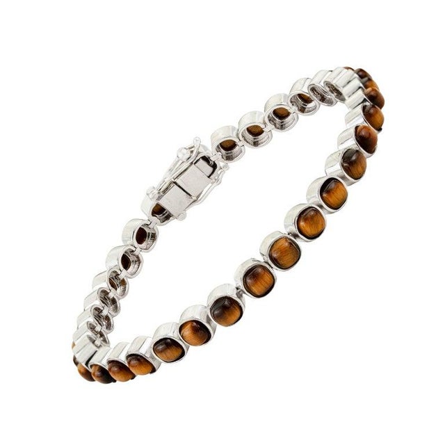 Gemstone Tiger’s Eye Cushion Cut Tennis Bracelet in 925 Silver For Sale - Image 7 of 12