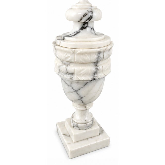 Beautiful vintage marble urn lamp with carved detailing and natural gray veining throughout. Has a timeless neoclassical...