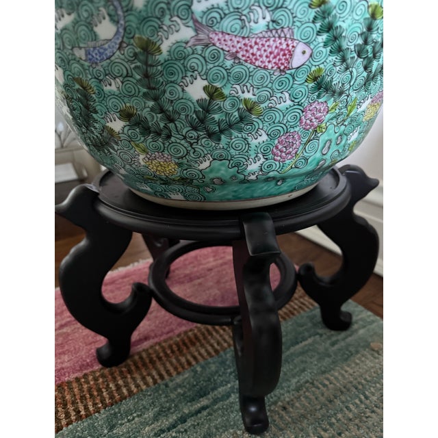 Vintage Chinese Famille Vert Fish Pots / Planters With Stands - A Pair For Sale - Image 11 of 12