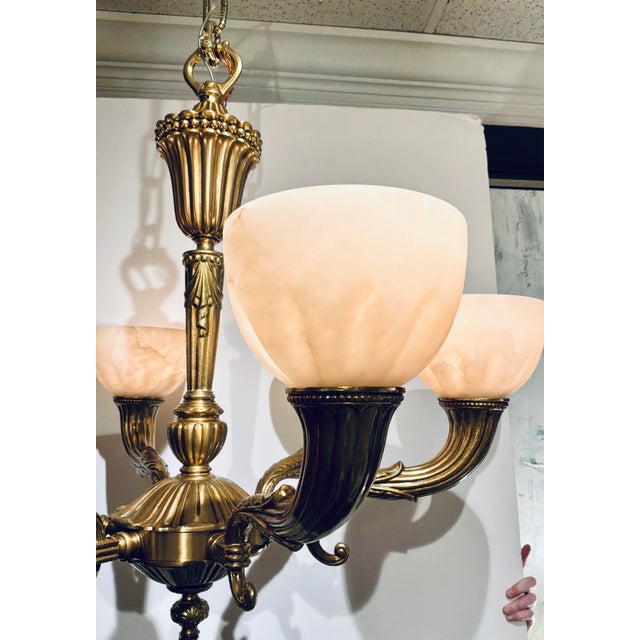 Myran Allan Luxury Lighting Neoclassical Bronze and Alabaster Chandelier For Sale - Image 4 of 6