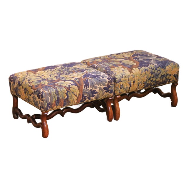 Pair of 19th Century French Louis XIII Walnut Stools With Tapestry Upholstery For Sale