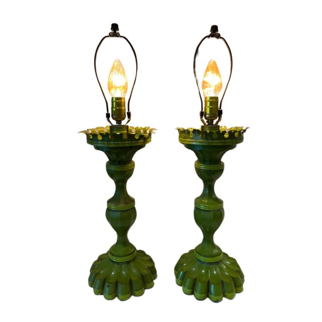 Children's Pair of Vintage Tole Chartreuse Lamps With Light Blue Linen Shades For Sale - Image 3 of 11
