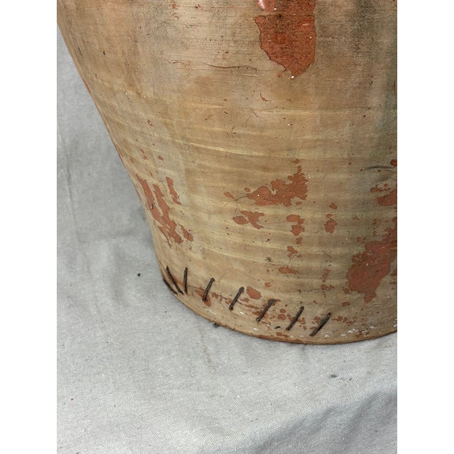 French Provincial Antique Earthenware Storage Jar With Green Glaze and Staple Repair For Sale - Image 3 of 9