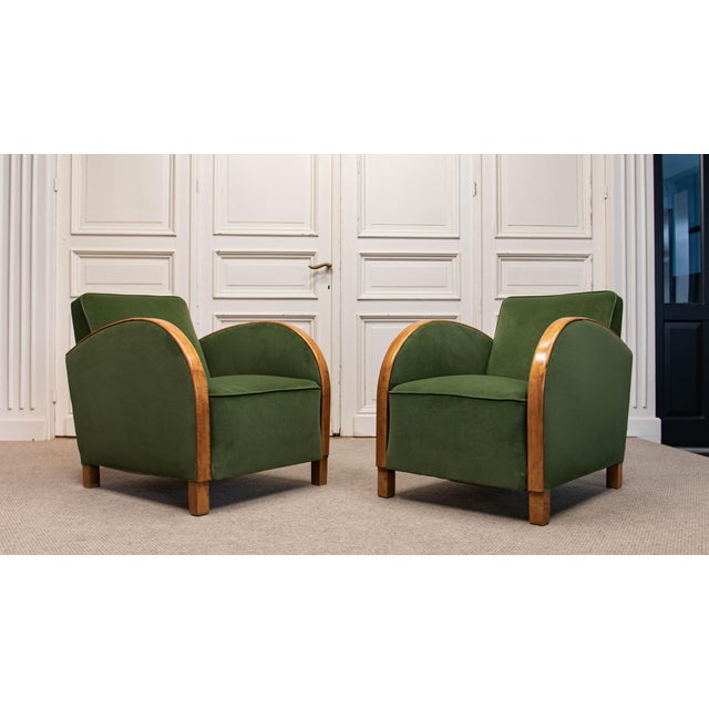 Vintage Green Velvet Lounge Chairs with Wooden Arm Overlays, Sweden, 1930, Set of 2 For Sale - Image 15 of 15