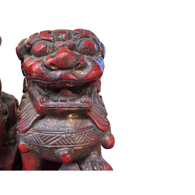 Pair of Carved Wood Chinese Foo Lions, 10" Tall, 20th Century For Sale - Image 9 of 12