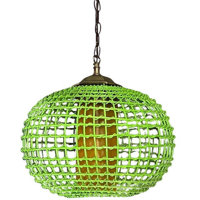 Vintage Rattan Green Globe Oange Glass Shade Pendant Light For Sale - Image 12 of 18