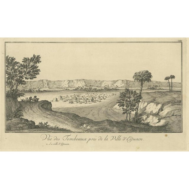 Tombs near Esna, Egypt – Nile Landscape by Norden, Copper Engraving 1755 : This panoramic view presents the tombs near the...