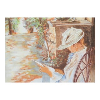 Mid 20th Century Impressionist Woman in Garden Pastel Painting For Sale