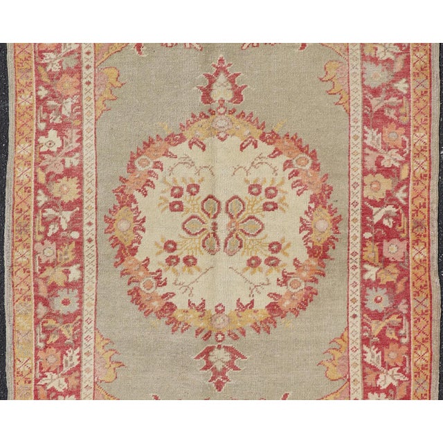 Turkish Oushak Vintage Rug With Floral Medallion Design in Red and Light Blue For Sale - Image 4 of 13
