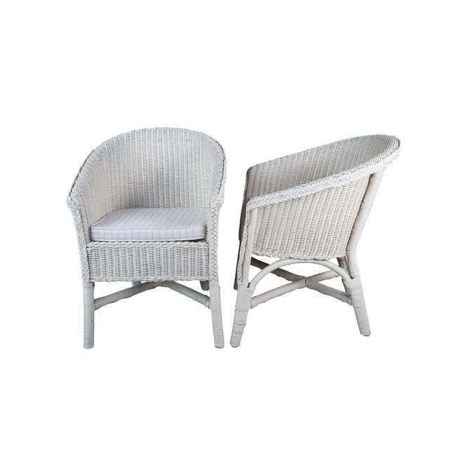 Farmhouse Late 20th Century 2 Wicker White Painted Boho Chic Cottage Farmhouse Patio Armchairs For Sale - Image 3 of 11