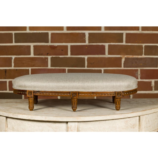 French Louis XVI Style Walnut Footstool with Linen Upholstery, 19th Century For Sale - Image 10 of 12