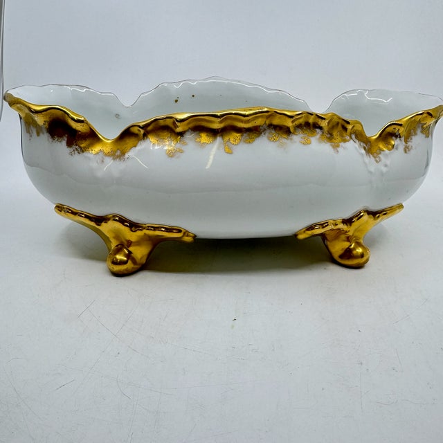 Art Nouveau Vintage Bavarian Gold Trimmed Porcelain Oval Claw Foot Bowl For Sale - Image 3 of 10