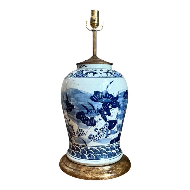 Antique Style Blue Ceramic Lamp With Wooden Base For Sale