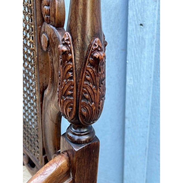 Wood Early 20th Century Antique Renaissance Revival Carved Gothic Cane Back Spanish Feet Throne Armchair For Sale - Image 7 of 10