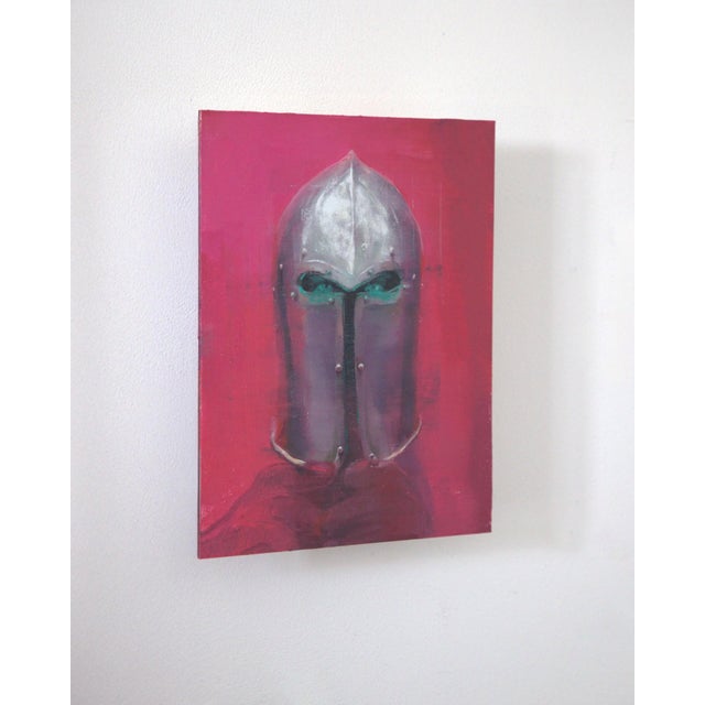 Contemporary Neon Watcher by Elena Burykina | Oil on panel Helmet against a pink background. For Sale - Image 3 of 5
