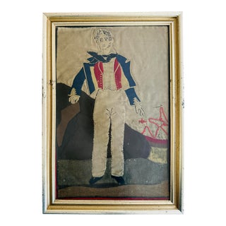 Vintage French Revolutionary Officer Textile Art Framed Wool Applique Military Portrait For Sale