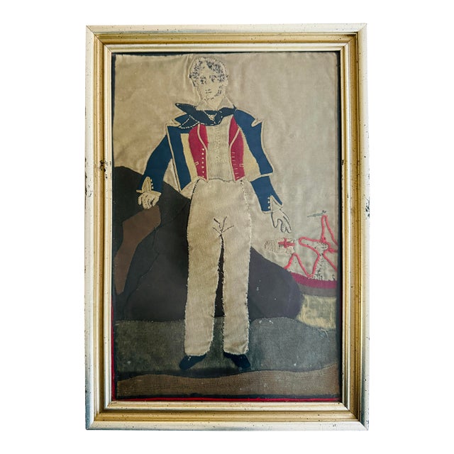 Vintage French Revolutionary Officer Textile Art Framed Wool Applique Military Portrait For Sale