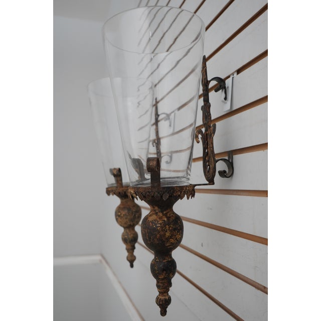 Traditional Pair Glass Globe Toleware Candle Wall Sconces For Sale - Image 3 of 9