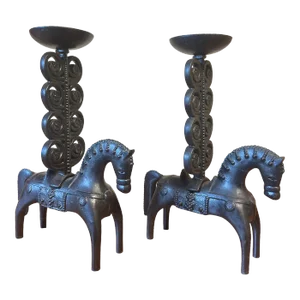1970s Modernist Iron Pair of Etruscan Horse Candle Holders Signed Caenaho