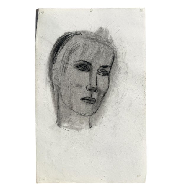 Black Mid Century Black and White Charcoal Portrait Drawing of a Woman With Short Hair - Signed For Sale - Image 8 of 10