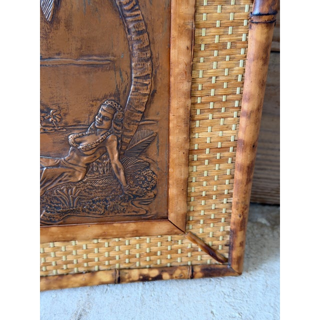 Vintage Hawaiian Tiki Copper Relief in Tortoise Bamboo Frame With Woven Rattan Mat For Sale - Image 9 of 12
