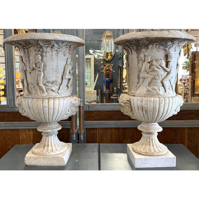 White 19th Century Antique Italian Marble Bacchanalian Urns Pair For Sale - Image 8 of 18