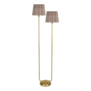 Polly Double Arm FloorLamp, Natural Brass with Heritage Plaid Wave Pleat Shade For Sale