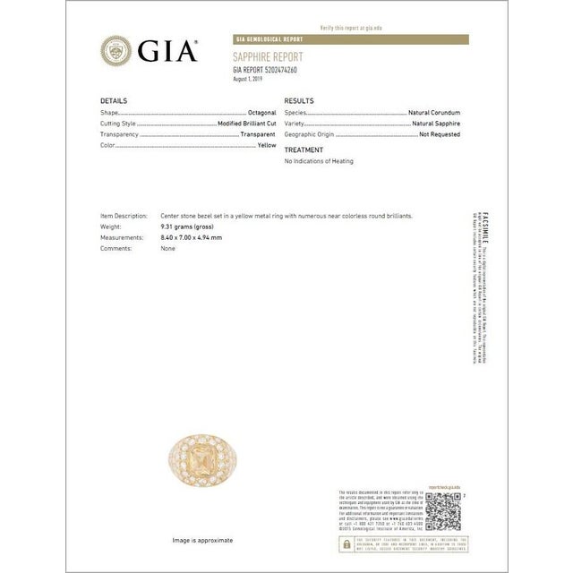 GIA Natural 5.7Cts VS Diamond Unheated Yellow Sapphire 18K Gold Bombay Dome Ring, size 6.5 For Sale - Image 9 of 9