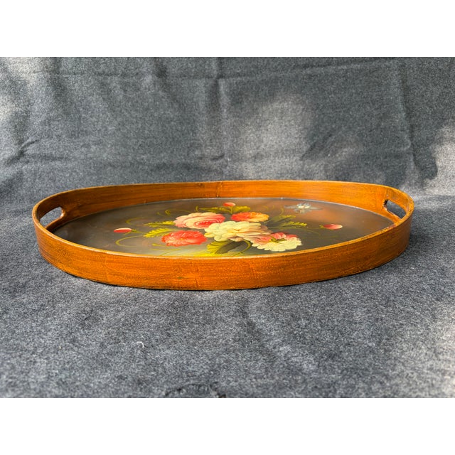 Vintage Oval Wood Floral Tole Painted Tray For Sale - Image 15 of 17