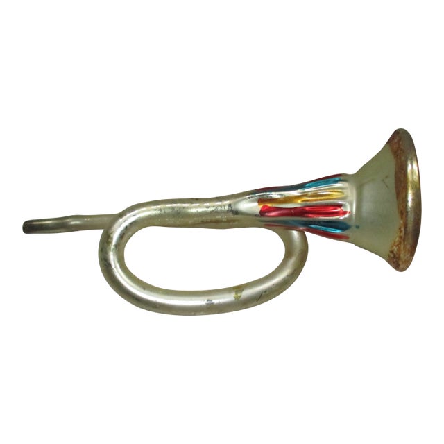Vintage German Christmas Huge Hand Blown Glass French Horn Ornament 8" For Sale