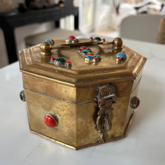 Bejeweled Turquoise and Coral Stone Octagonal Brass Box. Not sure what the stones are made of. Brass box is vintage and...