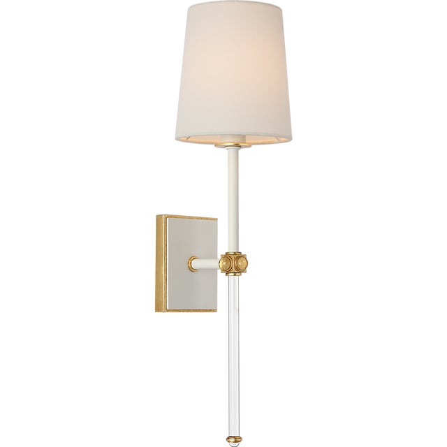 Julie Neill for Visual Comfort Signature Lucia 21" Cordless Sconce in Matte White and Crystal with Linen Shade For Sale
