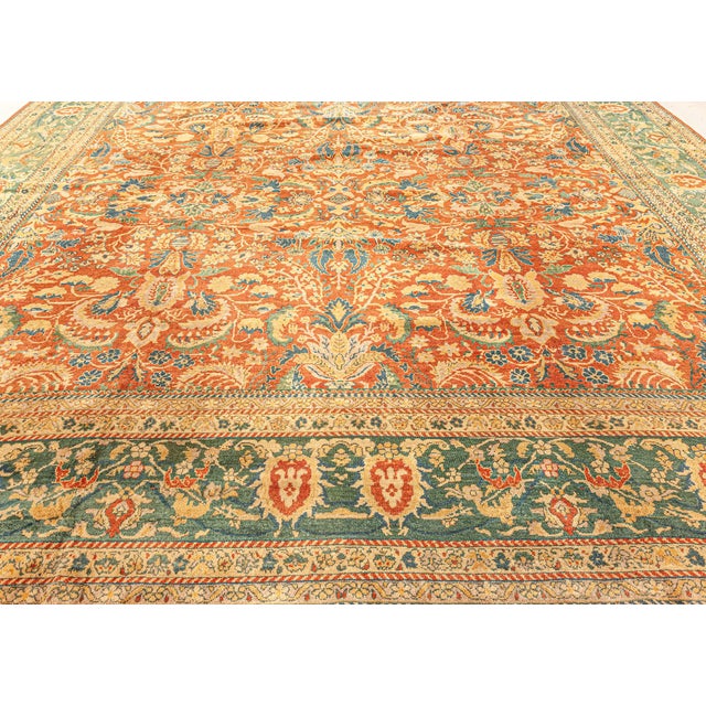 Textile Authentic Indian Red, Blue Botanic Handmade Wool Rug For Sale - Image 7 of 8