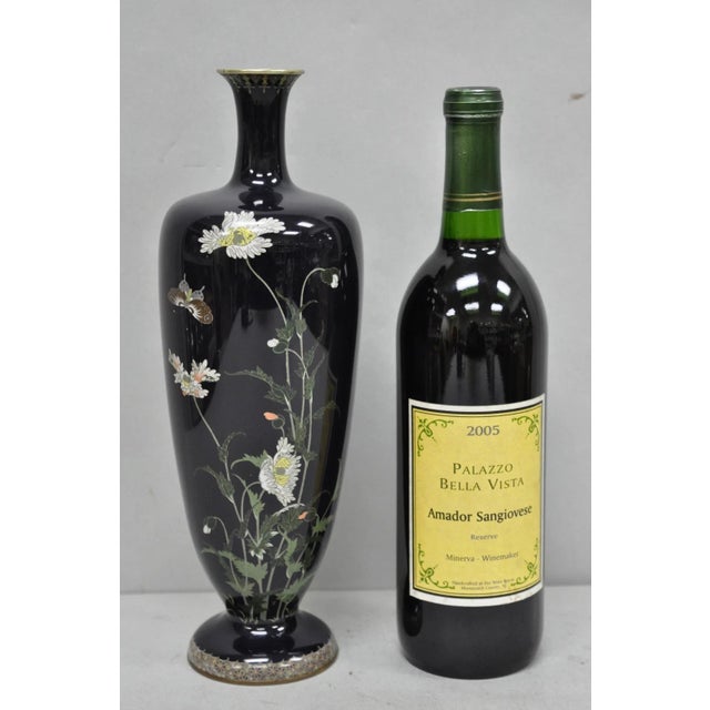 Vintage Meiji Period Japanese Cloisonne Enamel Dark Blue Daisy & Butterfly Tall Brass Urn Vase. Circa Early 20th Century....