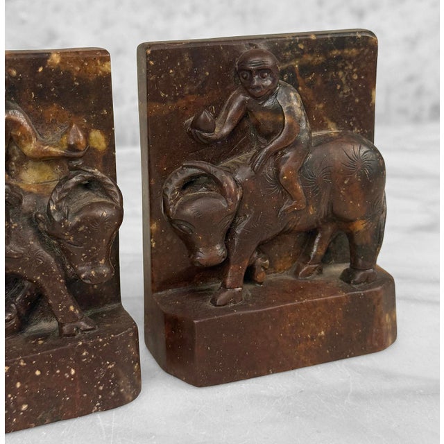 Brown Antique Chinese Soapstone Monkey Riding Buffalo Library Bookends - A Pair For Sale - Image 8 of 9