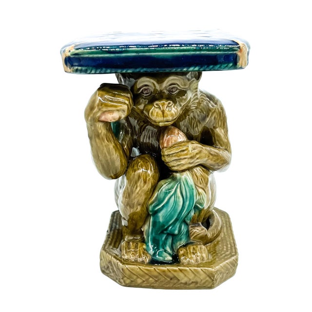 Ceramic Vintage Majolica Ceramic Monkey Plant Stand – Blue & Green Glazed Chinoiserie / Hollywood Regency For Sale - Image 7 of 12