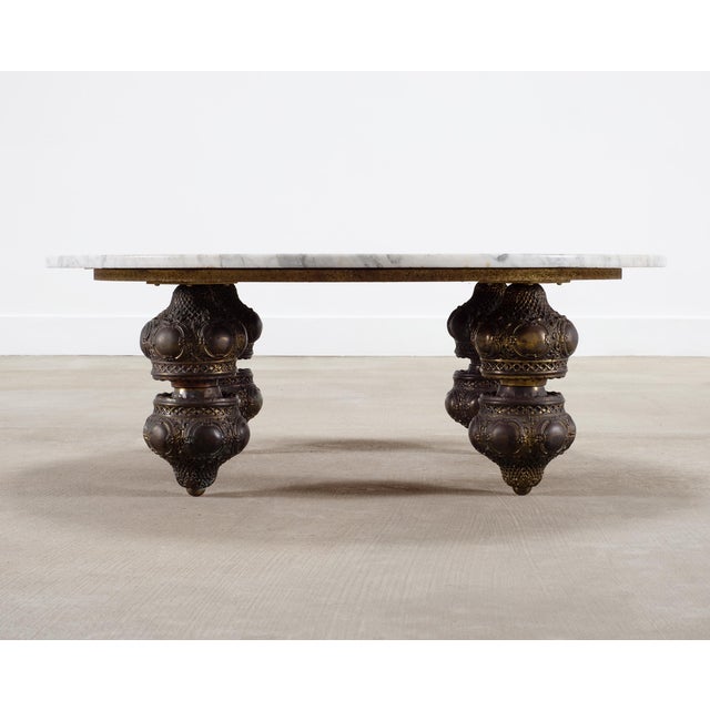 Art Deco Bohemian Bronze Mace Finial Cocktail Table Carrara Marble Top For Sale - Image 3 of 18