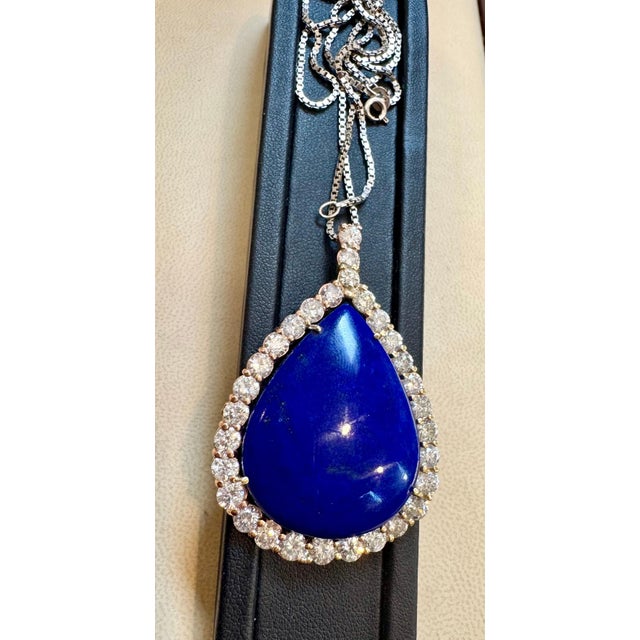 Blue 75 Carat Lapis & 9.5 ct Diamond Pendant Necklace 14 Karat White Gold + Chain For Sale - Image 8 of 18