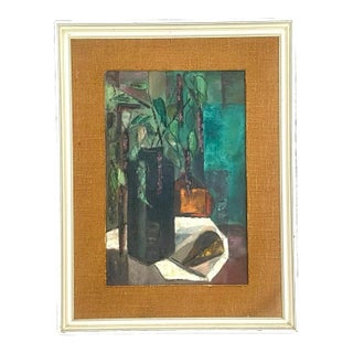 Mid 20th Century Vintage Boho Abstract Expressionist Still Life Oil Painting For Sale