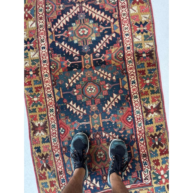 Name: STUNNING Northwest Persian Runner | Exotic Camel Border, Piercing Blues, Greens, More Size: 3 x 10.2 Age: Antique,...