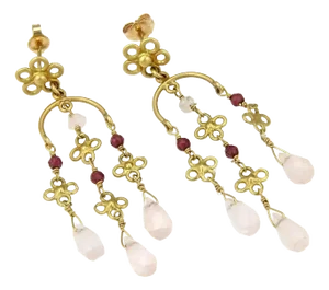 Multi Color Gems Briolette 18k Yellow Gold Chandelier Dangle Earrings, 2 Pieces