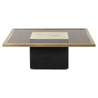Coffee Table in Gilded Brass and Smoked Glass, 1970s For Sale