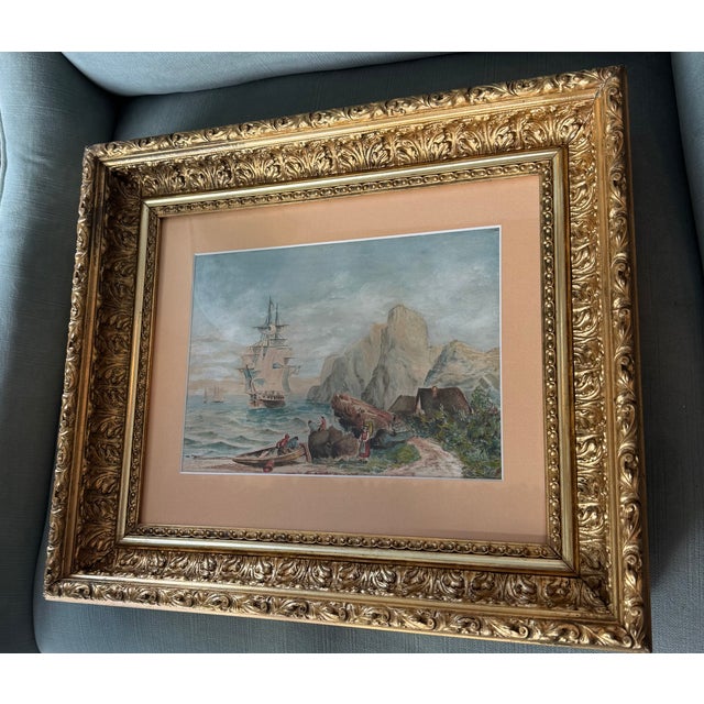 Antique French Maritime Fine Aquarelle Watercolor, Frame For Sale In Houston - Image 6 of 8